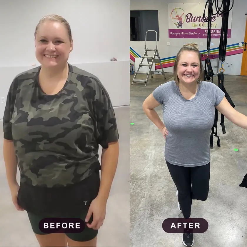 A Bungee Up flyer’s before-and-after transformation, smiling in the studio beside the bungee cords