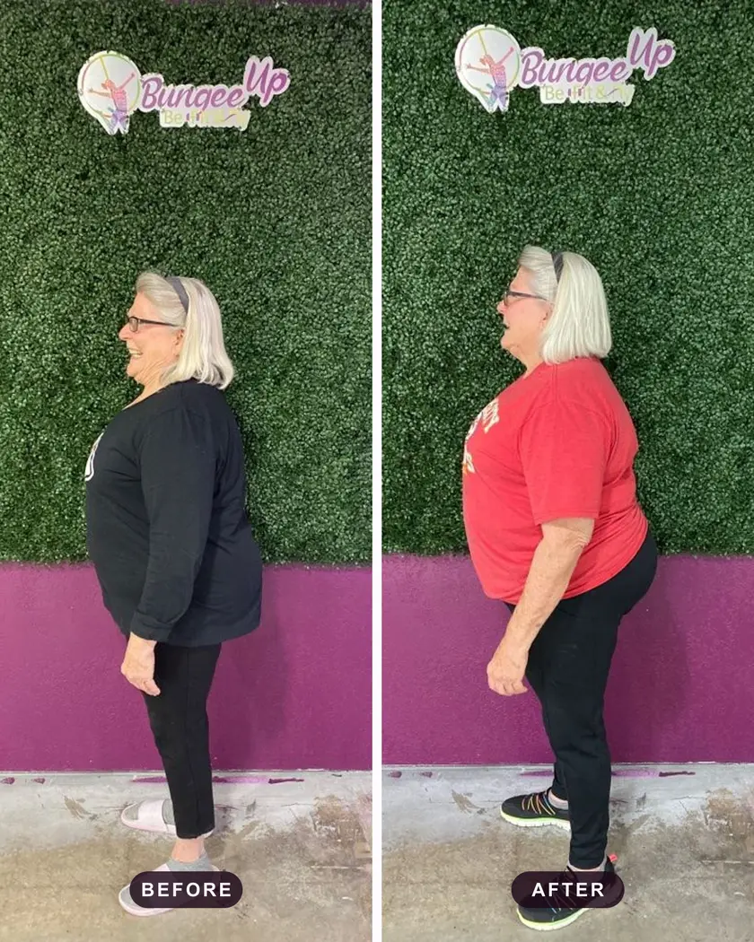 A Bungee Up flyer’s before-and-after transformation, photographed side-on at the studio’s green hedge wall