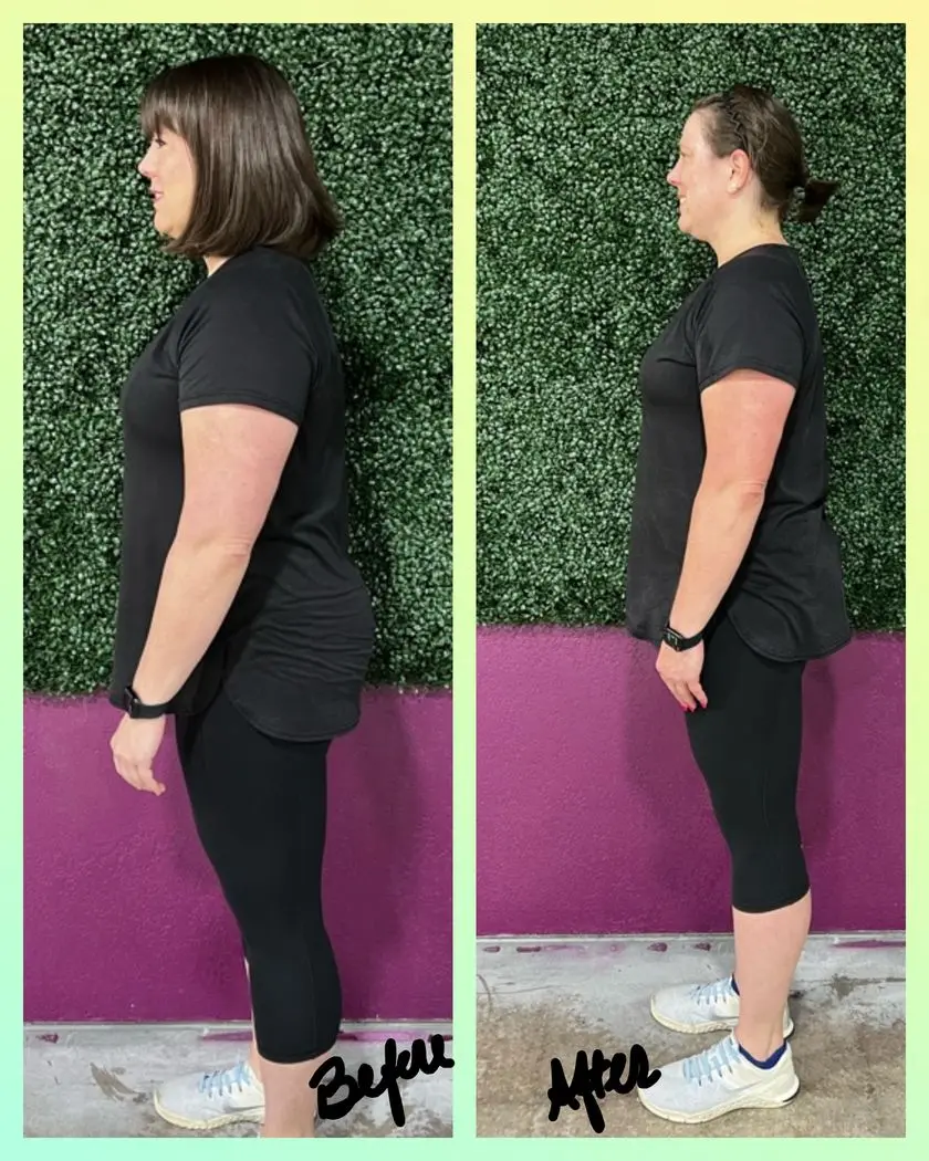 A Bungee Up flyer’s before-and-after transformation, side-on against the green hedge wall