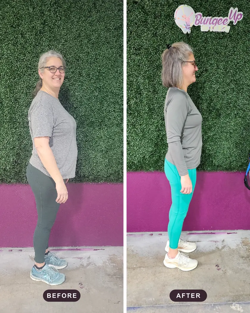 A Bungee Up flyer’s before-and-after transformation, photographed in profile at the studio’s green hedge wall