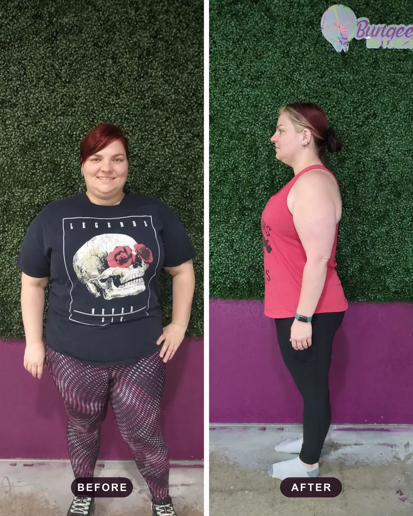 A Bungee Up flyer’s before-and-after transformation at the studio’s green hedge wall