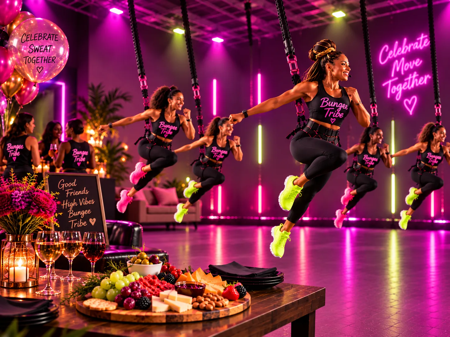 A private Boujee Bungee™ celebration - a Bungee Tribe group flying at their stations beside balloons, a neon sign and a charcuterie spread