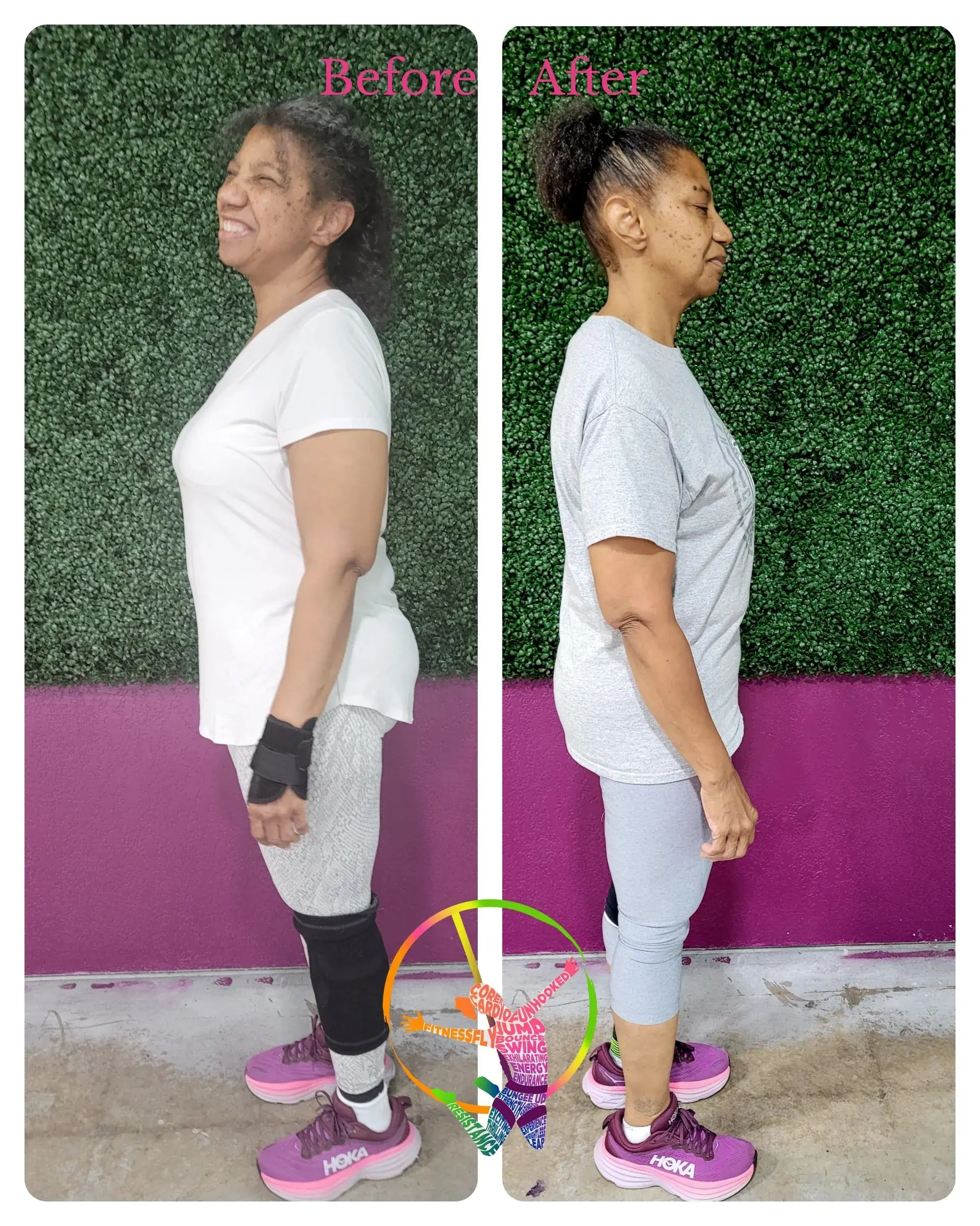 A Bungee Up flyer’s before-and-after transformation, photographed in profile at the green hedge wall